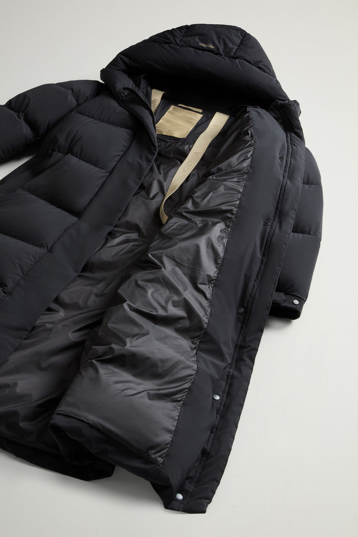Long Cloud Down Jacket in Stretch Nylon with Matte Finish Black