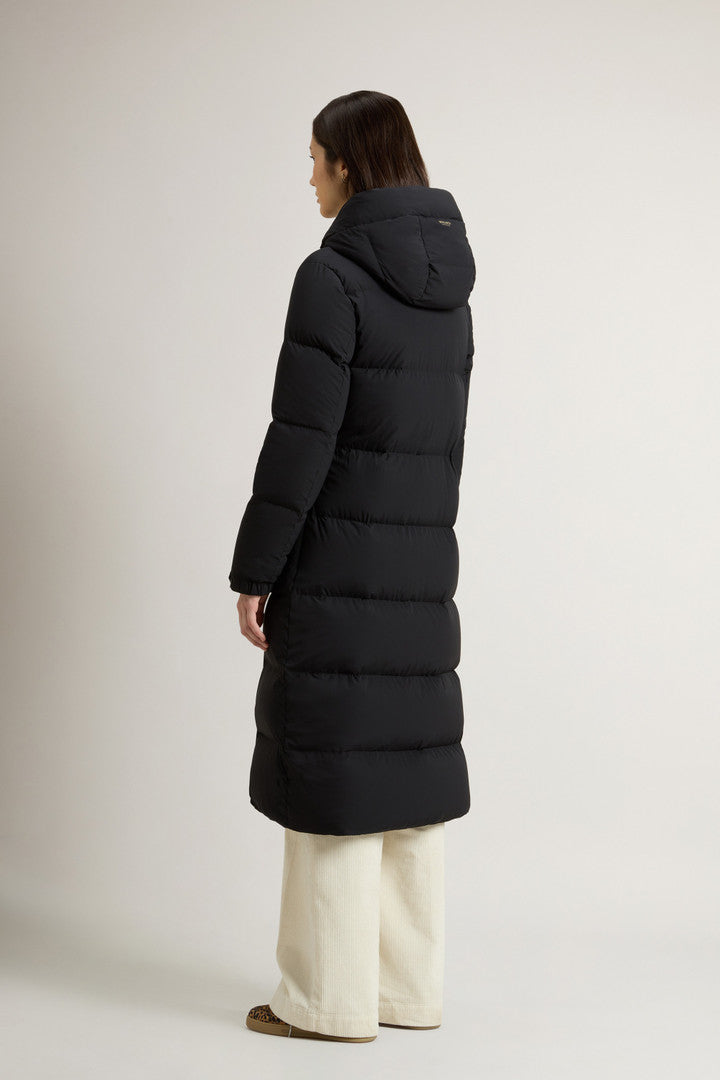 Long Cloud Down Jacket in Stretch Nylon with Matte Finish Black