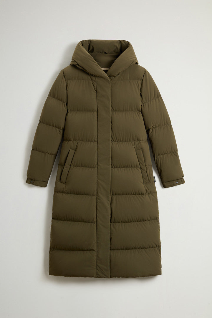 Long Cloud Down Jacket in Stretch Nylon with Matte Finish Black Dark Green