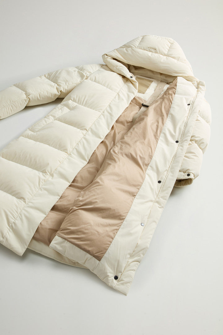 Long Cloud Down Jacket in Stretch Nylon with Matte Finish Black Dark Green Milky Cream